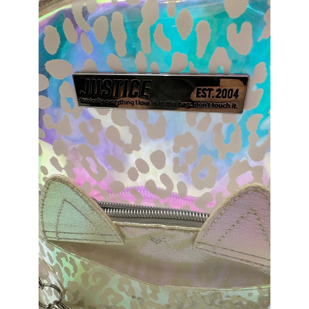 Justice Girls Iridescent Holographic Leopard Mini Backpack Cat Ears Tassel Chain